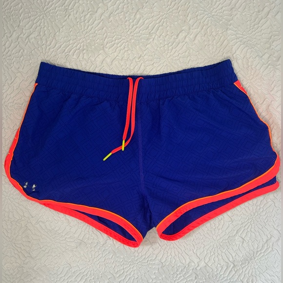 Under Amour - Blue Athletic Running Shorts with Orange Neon Accents - size M - Picture 1 of 8
